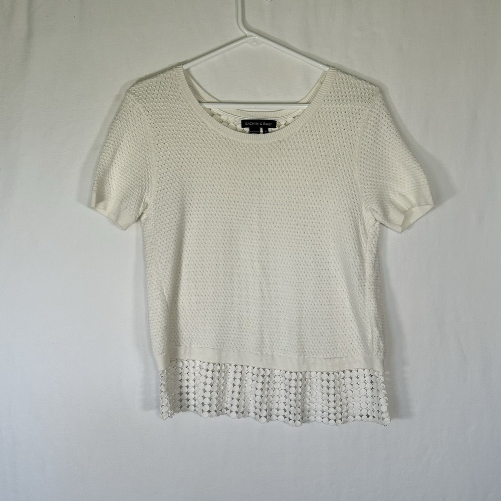 Sachin & Babi Leo Knit Sweater Top White Short Sleeve Eyelet Lace Trim Sz Small